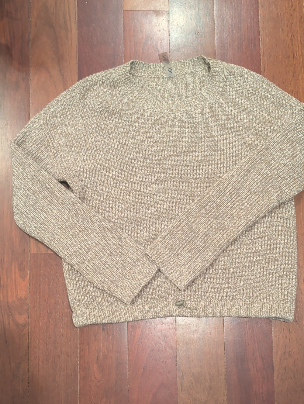 Lou & Grey Women's Crewneck Sweater Olive Brown Marled Knit Drawstring Hem